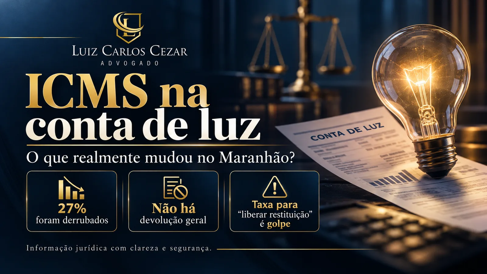 lâmpaga incadescente sobre uma conta de luz e símbolos jurídicos.