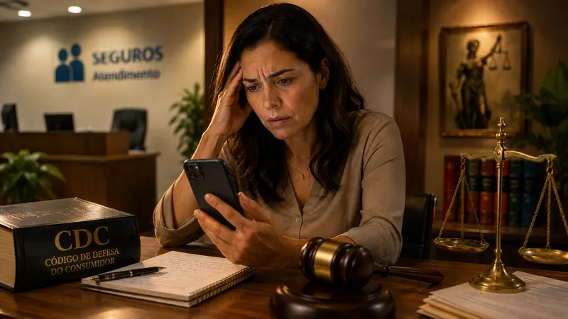 mulher segurando o celular e vendo que foi lesada por instituição bancária. Está sentada, com os braços sobre a mesa, olhando o celular. O ambiente é uma sala de escritório.