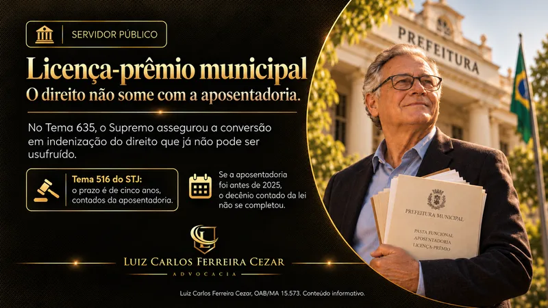 homem idoso segurando pasta de cor  bege, em frente ao prédio da prefeitura municipal e ao seu lado direito consta informações sobre licença prêmio do município de Imperatriz-MA