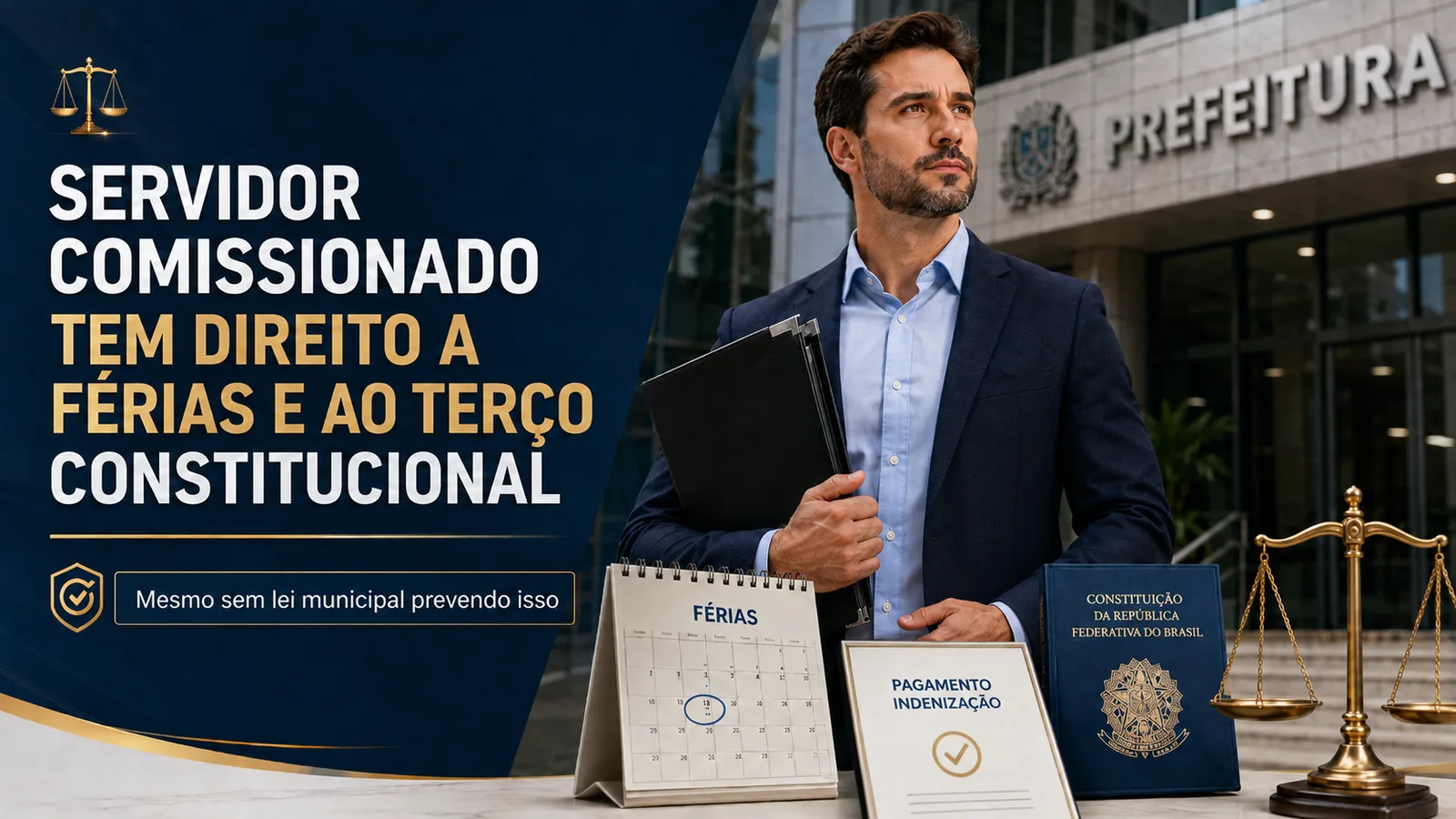 Homem de terno e camisa azul, segurando uma pasta de cor preta. À sua frente consta um calendário, um informativo de férias quitadas e um exemplar da constituição da república